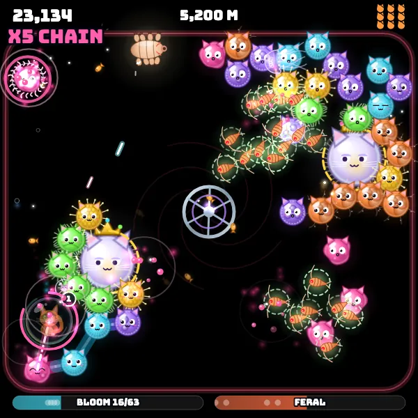 Meowtosis on the glasses display: a cat in a bubble trails a five-link chain through a swarm of glowing cat-eared microbes, with the score, depth and lives along the top.